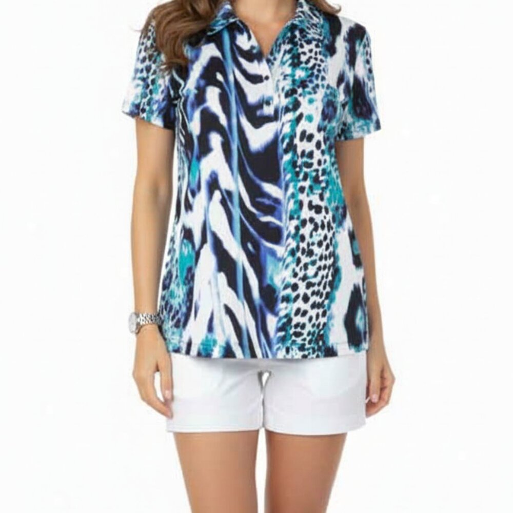 NEW Chico's Zenergy Golf 3/XL White/Multi Blue Animal Print Short Sleeve Blouse - Picture 3 of 5